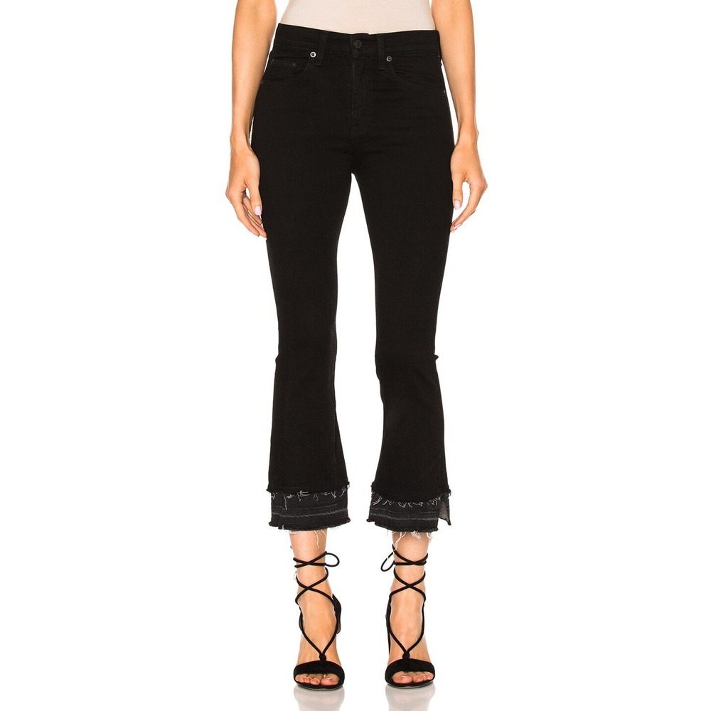RAG & BONE Black Crop Flare Jeans, Coal Double Hem, Distressed Hem Size 24